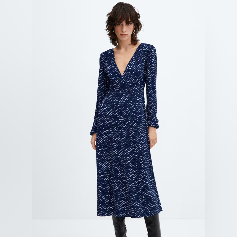 Mango Blue and White Polka-dot midi dress size 4